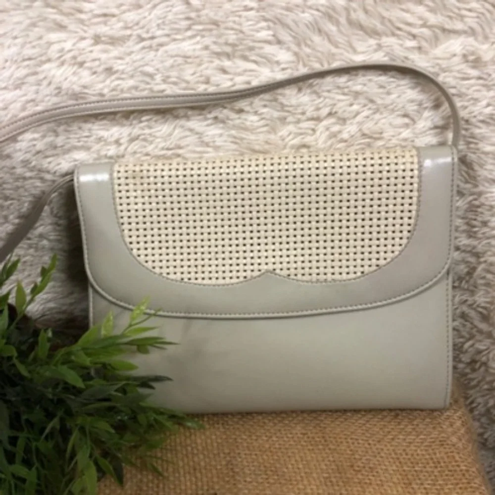 Vintage Womens Messenger Bag Beige Snap Closure Basketweave Flap Sling Strap S‎